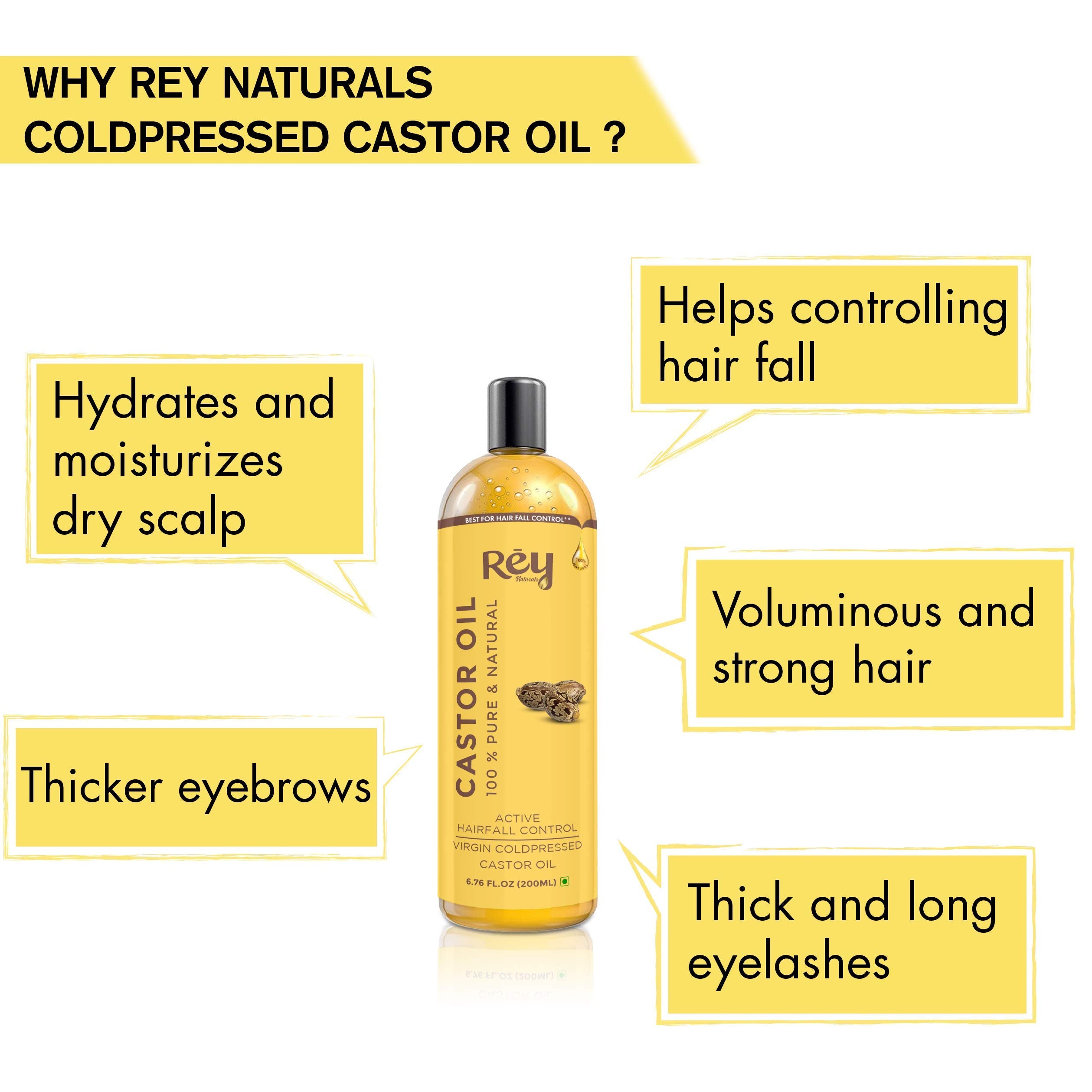 Rey Naturals Castor Oil (Arandi Oil) - Premium Cold Pressed for Hair & Skin Care - 200ml