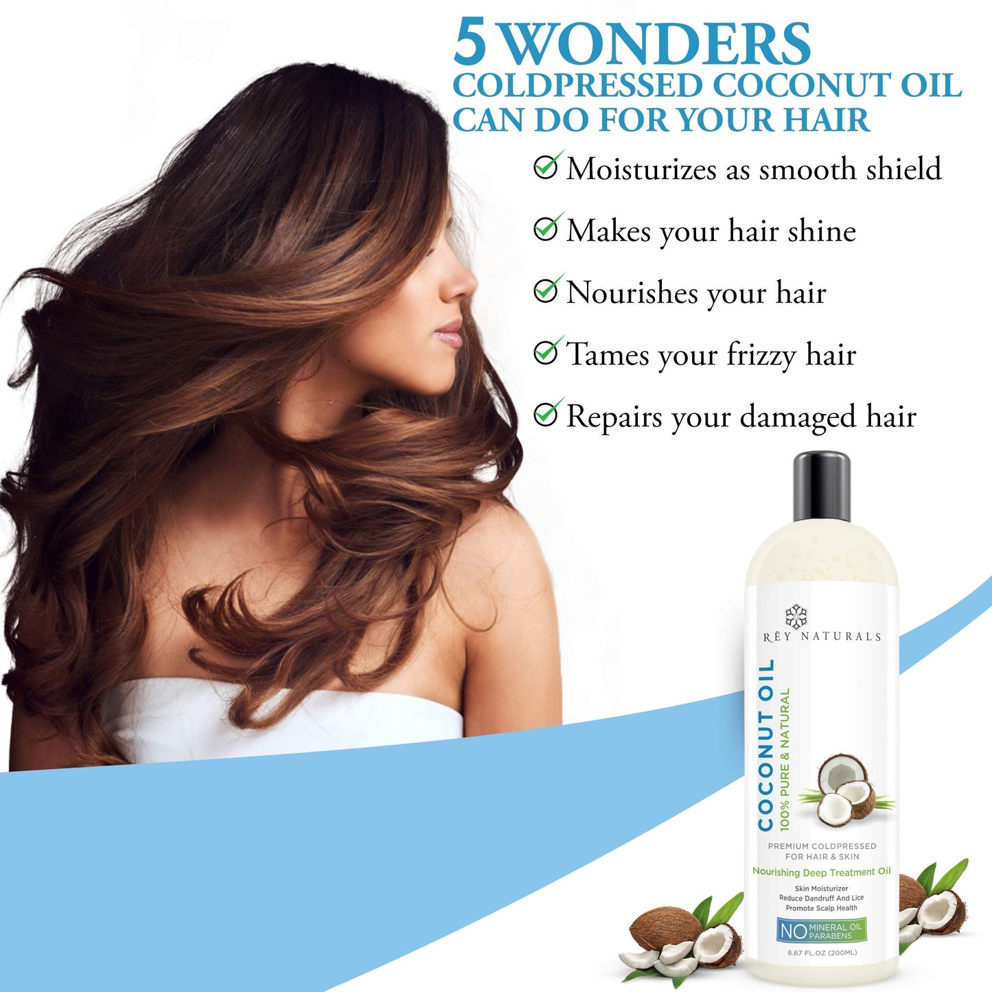 Rey Naturals Cold Pressed Coconut Oil & Sweet Almond Oil - for hair & skin - 200ml + 200ml