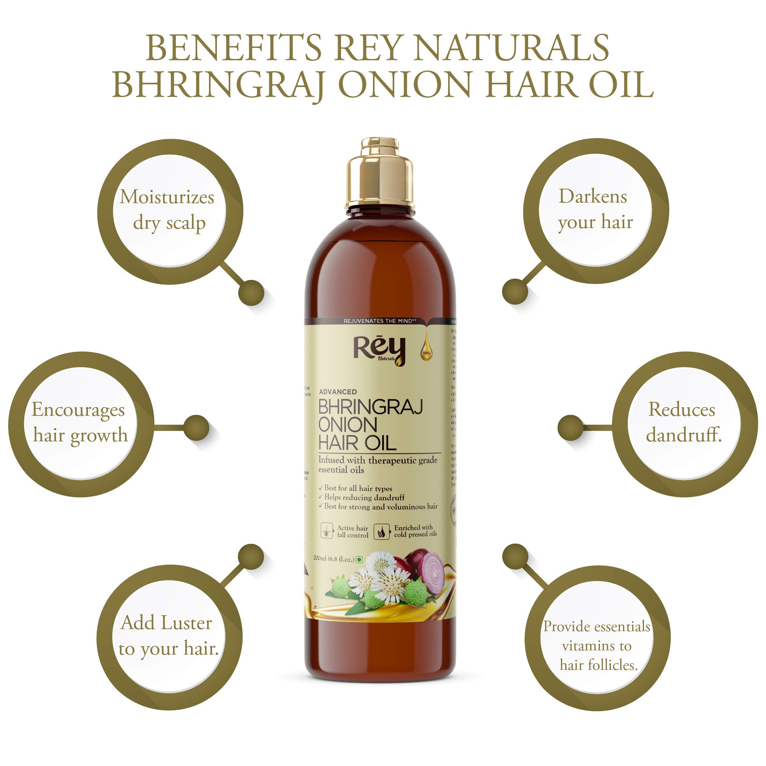 Rey Naturals Bhringraj oil with Onion extract For Hair Strengthening, Anti-hair Fall, Split-ends - 200 ml