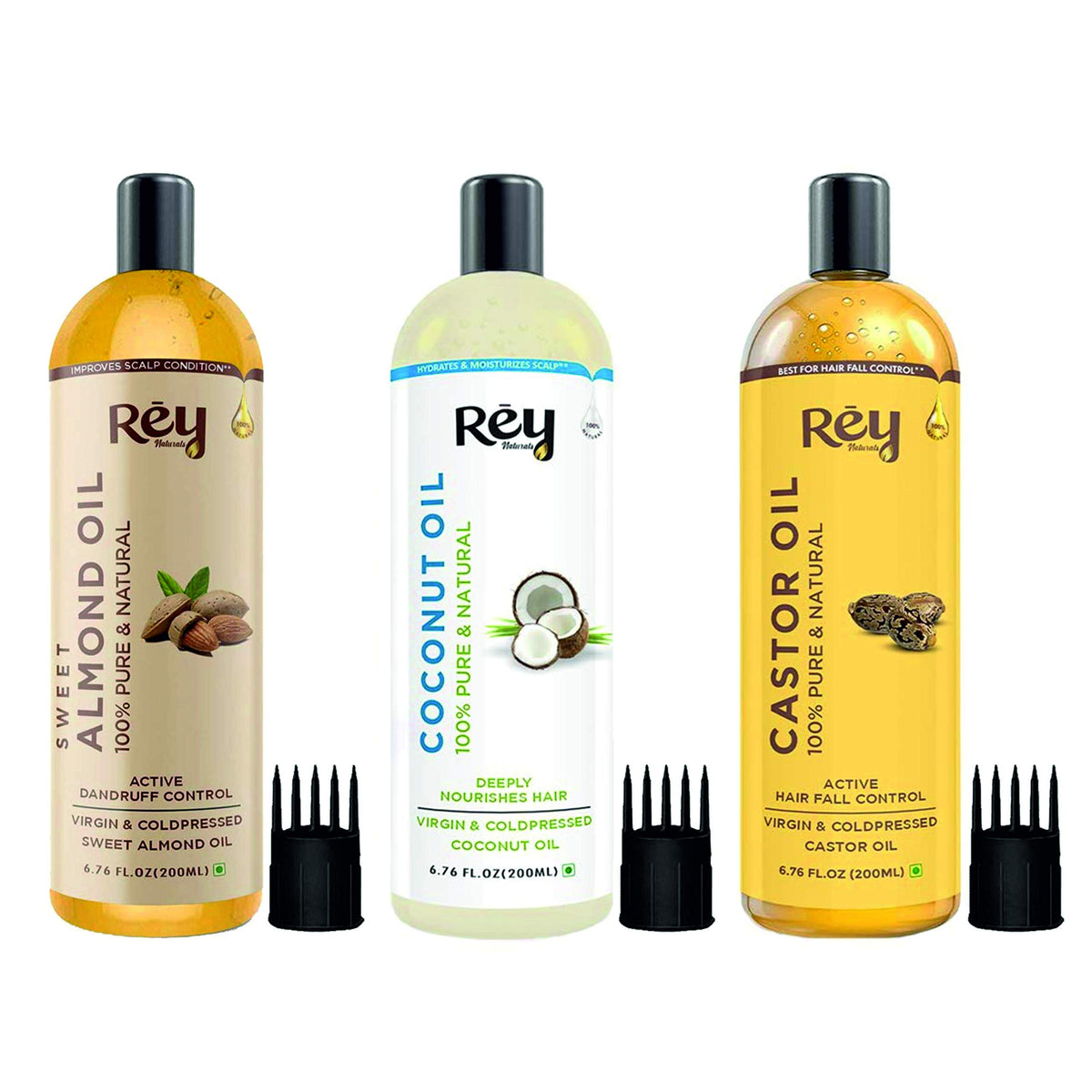 Rey Naturals Cold Pressed Castor Oil, Coconut Oil & Sweet Almond Oil - for hair & skin - 200ML + 200ML + 200ML