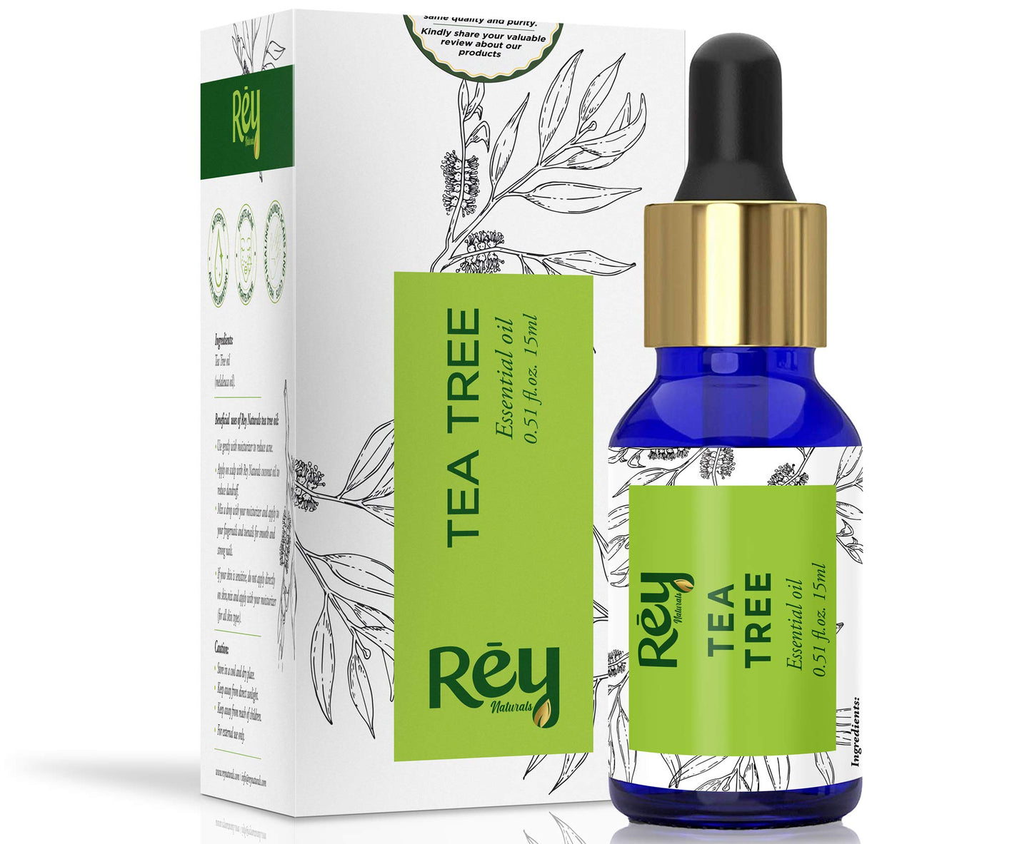 Rey Naturals 100% Pure Tea Tree Essential Oil For Hair & Scalp, Skin & Face Care - Tea Tree Oil For Dandruff, Acne, Aromatherapy & Stress | Suitable For All Skin & Hair Types - 15ml