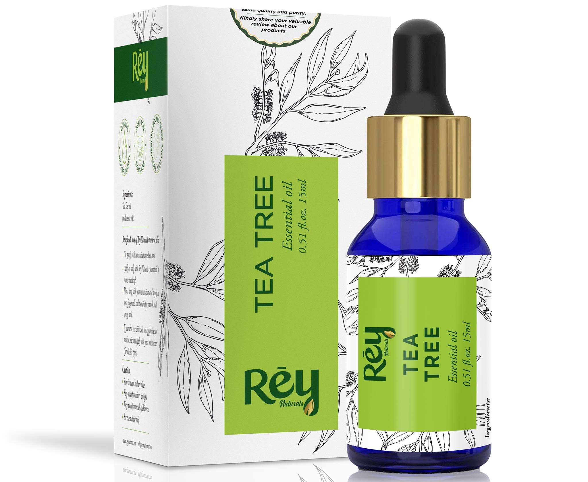 Rey Naturals Tea tree oil for Aromatherapy - Tea Tree Essential Oil for Healthy Skin, Face, and Hair - 100% Organic Remedy for Dandruff, Acne - 30 ml (15 ml x 2) super saver combo