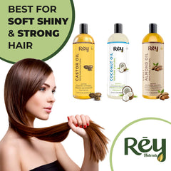 Rey Naturals Cold Pressed Castor Oil, Coconut Oil & Sweet Almond Oil - for hair & skin - 200ML + 200ML + 200ML
