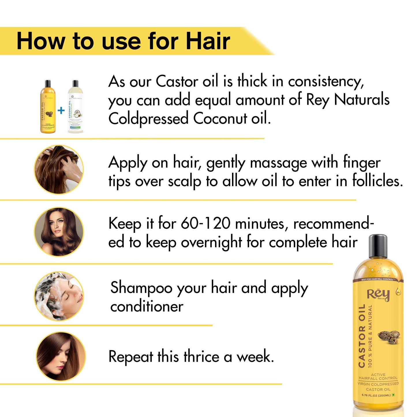 Rey Naturals® hair oils combo (Castor oil + Coconut oil + Bhringraj oil) controls hairfall - For healthy hair - No Mineral Oil, Silicones & Synthetic Fragrance