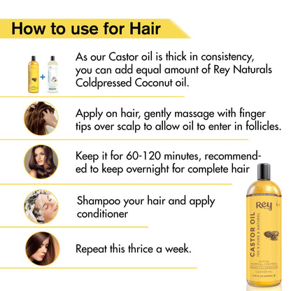 Rey Naturals Cold Pressed Extra Virgin Castor Oil For Hair Growth | Nourishing Hair Oil For All Hair Types | Deeply Moisturizes, Repairs And Strengthens Hair | For Hair Growth And Adds Shine - 200ml*2
