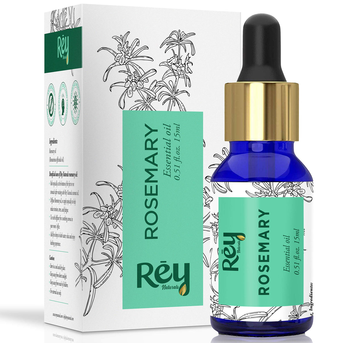Rey Naturals Rosemary Essential Oil -Hair Growth, Therapeutic & 100% Natural - For Hair, Skin, and Body - 15ml